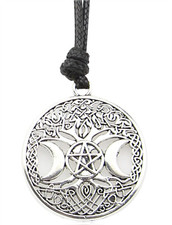 Triple Moon Goddess Pentagram Pendant Cord Necklace - Pagan, Wiccan Charm