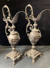 Antique Spelter Pair of Ewers with Ornate Handles and Figurines - #1008