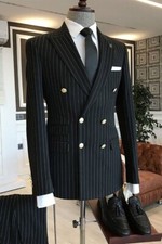 Men's Black/Blue Striped Suit Double Breasted Jacket Stylish Peak Collar Blazer