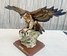 G. Armani   Capodimonte Signed Porcelain Eagle Landing On A Rock,  Wooden Base