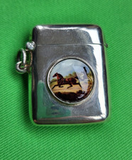 Vintage Silver vesta case with enamel horse and buggy decoration