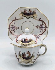 Antique Early Chelsea Porcelain Lidded Chocolate Cup and Saucer