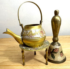 Antique Solid Brass Cloisonne Enamel Mini Teapot, Raised Trivet & Hand Bell RARE