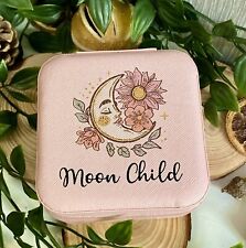 PORTABLE TRAVEL JEWELLERY BOX CASE, PINK, MOON CHILD BOHO HIPPIE, ZIP CUTE GIFT 