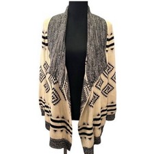 Charming Charlie Aztec Cardigan Sweater Sz L Large Beige Tan Black Boho Bohemian