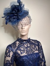 ladies head wear Exquisite Couture Headpiece – Deep Blue. Unique Ascot Hat.