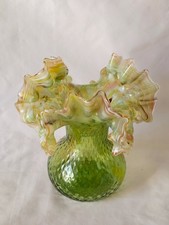 CHARMING ENGLISH GREEN & OPALINE FRILLY VASE, CIRCA 1890
