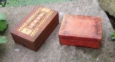 2 Victorian Card Boxes, Parquetry Cribbage Box & Leather Cased Box