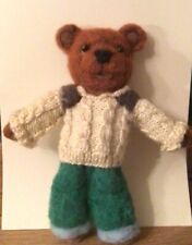 Needle felted handmade handcrafted teddy bear , cable  knitted jumper glass eyes