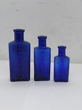 3 Rectangular Cobalt Blue Glass Poison Bottles