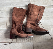 Women's Suede Leather Chocolate Brown Lace Up Long Leg Boots Chunky Heel Size 5