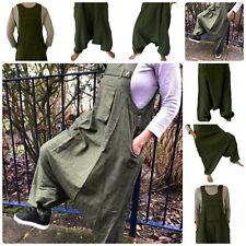 Unisex Plain Hemp Cotton Drop Crotch Harem Dungarees Festival Overalls Jumpsuit
