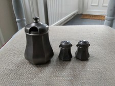 Old Pewter Bowl by Etain Paris France & Salt Pepper Shaker Pots