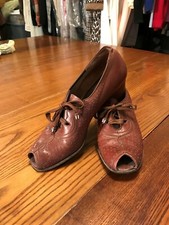 Antique Vintage 1920s BROWN LEATHER SHOES Peep Toe w/Bakelite Ties