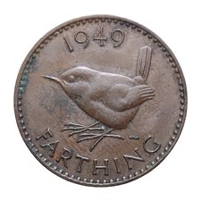 1949 UK Farthing Coin King George VI, Bronze Wren KM#867, Rare CollectibleZ3285