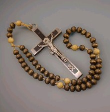 Rosary Brass Cross with Crucifix 1900s Antique French wooden Rosary Lourdes