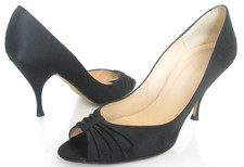 L.K. BENNETT SIZE 4 37 WOMENS RUCHED BLACK SATIN PEEPTOES COURT SHOES HEELS