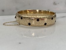 9ct Gold Bangle Celestial Star Design Set Garnets, 1960s Vintage, Textured