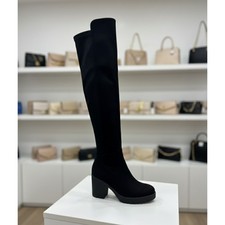 Women’s Black Over The Knee Block Heel Boots – Faux Suede Stretch Long Boots