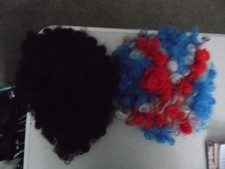 2 fancy dress elasticated curly wigs one black & one red white blue union jack