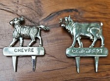 2 VINTAGE FRENCH SILVER PLATED CHEESE MARKERS, COW CAMABERT, GOAT CHEVRE