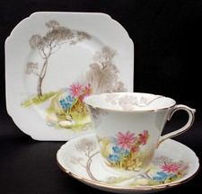 VINTAGE SHELLEY 'ROCK PLANTS'  PATTERN PERTH SHAPE TRIO,  c.1950