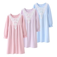 Girls Kids Pyjamas Long sleeve Nightwear Collar lace Cotton Night Dress Nightie