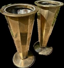 Vintage Pair Art Deco Brutalist Brass Cinema Foyer Flower Vases Prop Decor Old