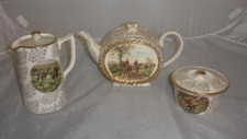 3 PIECE SADLER TEA SET- CREAM AND GOLD FOX HUNTING THEME