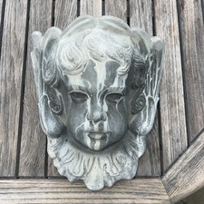 VINTAGE RECONSTITUTED STONE CHERUB HEAD WALL MOUNTED PLANTER  OUTDOOR WALL DECOR