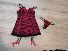 BNWOT Vintage La Senza Black & Pink Cami Suspender & Thong Set Size 10 B/C