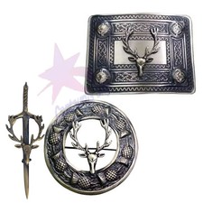 Kilt Pin/Kilt Belt Buckle & Fly Plaid Brooch Stag Head Badge Set Antique Finish