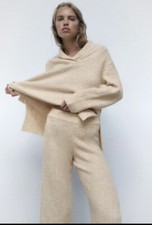 Zara Beige Co Ord Matching Set Jumper Knit Trousers L culotte top cream 