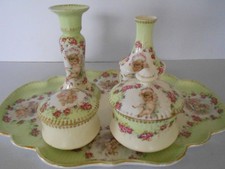 ANTIQUE PORCELAIN CHERUB DRESSER SET 5 PIECE TRAY TRINKET POTS