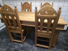 KEEN PINE DINING TABLE AND 4 GOTHIC STYLE CHAIRS
