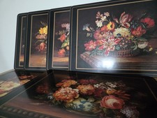 Vintage Pimpernel Flemish Flowers Black Placemats Table Mats X 6 Cork Christmas