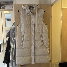 Zara Women's Long Line Gilet Cream Faux Leather Gold Buttons And A Hood Size XS