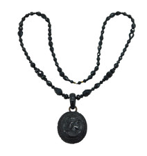 19th Century French Jet Cameo Mourning Necklace Gold Locket Back Antique c1860