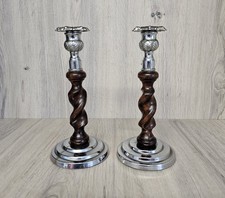 PAIR OF VINTAGE BARLEY TWIST WOODEN OAK CANDLE STICK HOLDERS WITH METAL CHROME 