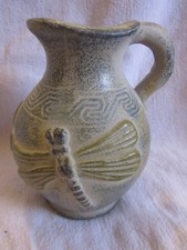 Pottery stoneware jug. unbranded. Dragonfly etc. Blue/grey. 120mm high. Rustic