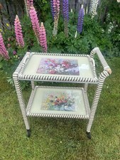 1950s METAL VINYL WROUGHT WHEELED SERVING TROLLEY W. V.WARD PRINT FLORAL TRAYS