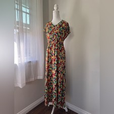 Emery Rose Multicolored Floral Print Button Front Short Sleeve Maxi Dress