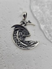 Dragon Celtic Moon Knotwork 925 Sterling Silver Pendant Mythical Jewellery