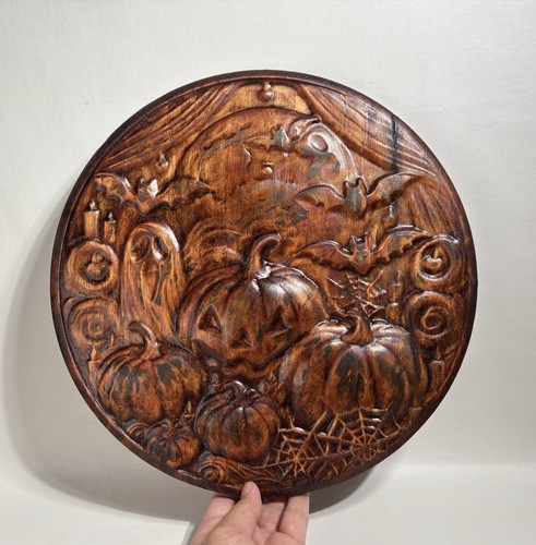 Halloween carved round wood - halloween,