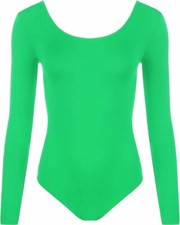 Womens Long Sleeve Plain Bodysuit Ladies Scoop Neck Leotard Turtle Top UK 8-26