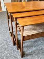 Johannes Andersen For Silkeborg. Danish Nest Of 3 Tables With Rattan Shelf