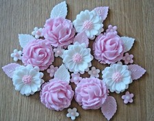 2 - PINK  ROSE BOUQUET Edible Sugar Paste Flowers Cup Cake Decorations Toppers