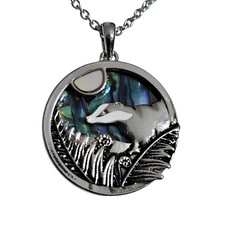 Badger Moon Necklace Pendant Abalone Mother of Pearl And Enamel Chain Boxed