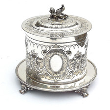 Antique Mappin & Webb EGYPTIAN REVIVAL Silver Plated Biscuit Box SPHINX Rd. 1888