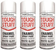 3 x 400ML ENAMEL WHITE GLOSS SPRAY PAINT WOOD METAL PLASTIC CRAFT TOUGH STUFF